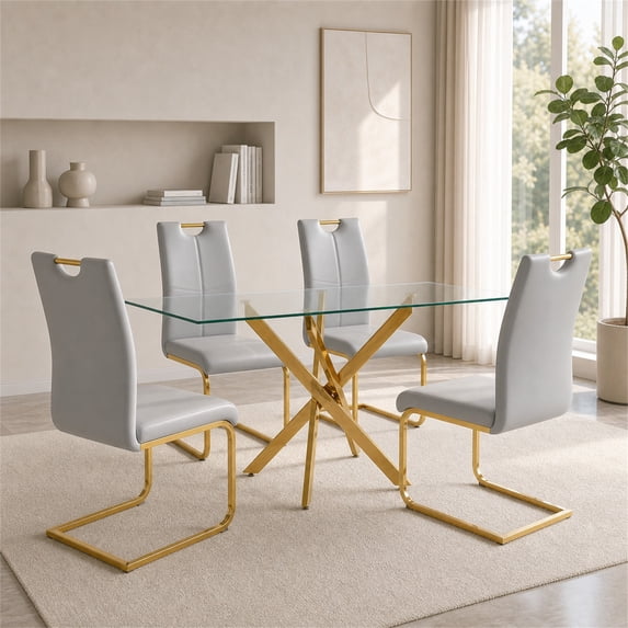 Sumdeal Modern 5-Piece Dining Set, 47.24-Inch Rectangular Tempered Glass Table with 4 Gray PU Leather High-Back Chairs, Gold Legs