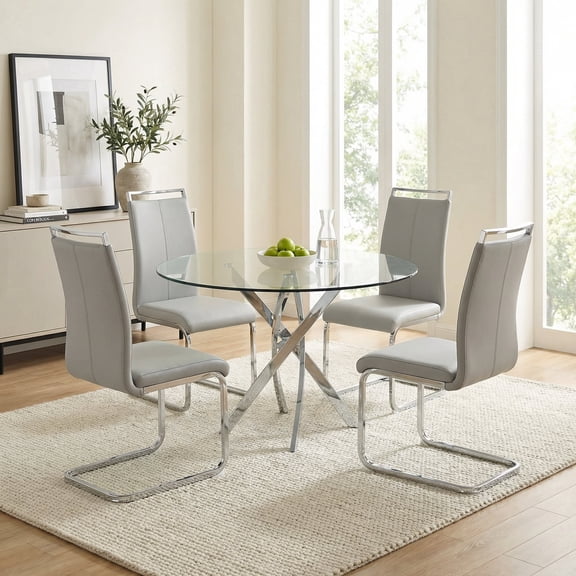 Sumdeal Modern 5-Piece Dining Set, 47" Round Tempered Glass Table & 4 Light Gray PU Leather Chrome C-Frame Chairs, Kitchen Dining Room Furniture