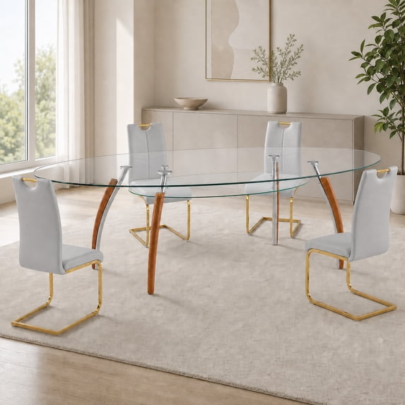 Sumdeal Modern 5-Piece Dining Set, 63-Inch Oval Tempered Glass Table with 4 Gray PU Leather High-Back Chairs, Gold Legs