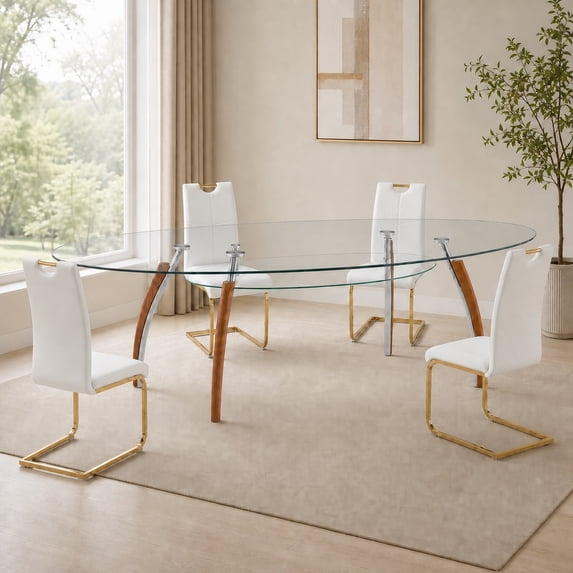 Sumdeal Modern 5-Piece Dining Set, 63-Inch Oval Tempered Glass Table with 4 White PU Leather High-Back Chairs, Gold Legs