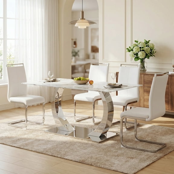 Sumdeal Modern 5-Piece Dining Set, 63" Rectangular Pandora White Tempered Glass Table with Silver Stainless Steel Base & 4 White PU Leather C-Frame Chairs for Kitchen Dining Room