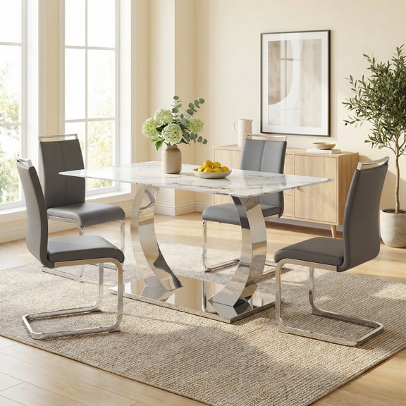 Sumdeal Modern 5-Piece Dining Set, 63" Rectangular Pandora White Tempered Glass Table with Transformable Silver Stainless Steel Base & 4 Grey PU Leather High-Back C-Frame Chairs