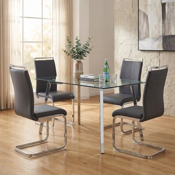 Sumdeal Modern 5-Piece Dining Table and Chair Set, 51-inch Glass Dining Table and High-Back PU Leather Dining Chairs, Minimalist Kitchen/Dining Room Furniture Set, Metal Table and Chair Legs