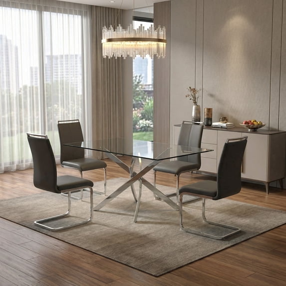 Sumdeal Modern 5-Piece Dining Table Set, 63" Rectangular Tempered Glass Table with 4 Gray PU Leather C-Frame Cantilever Chairs, Ghrome Plated Metal Legs, Luxury Kitchen & Dining Furniture