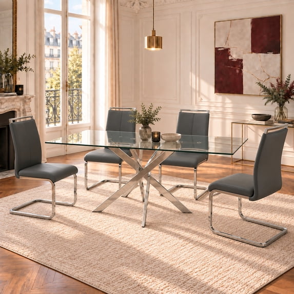 Sumdeal Modern 5-Piece Dining Table Set, 63" Rectangular Tempered Glass Table with 4 Gray PU Leather C-Frame Cantilever Chairs, Ghrome Plated Metal Legs, Luxury Kitchen & Dining Furniture