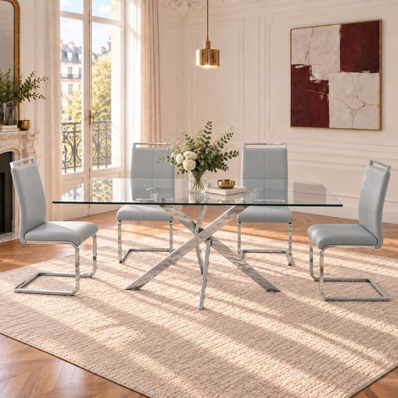 Sumdeal Modern 5-Piece Dining Table Set, 63" Rectangular Tempered Glass Table with 4 Light Gray PU Leather C-Frame Cantilever Chairs, Ghrome Plated Metal Legs, Luxury Kitchen & Dining Furniture
