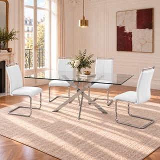 Sumdeal Modern 5-Piece Dining Table Set, 63" Rectangular Tempered Glass Table with 4 White PU Leather C-Frame Cantilever Chairs, Ghome Plated Metal Legs, Luxury Kitchen & Dining Furniture