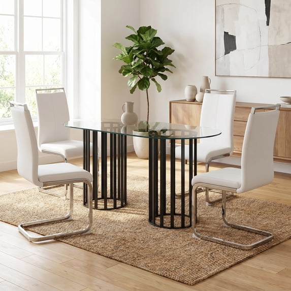 Sumdeal 5-Piece Oval Glass Dining Set, Seats 4, White Faux Leather Chairs