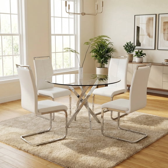 Sumdeal Modern 5-Piece Round Dining Table Set, 42" Tempered Glass Table with Chrome X-Base & 4 White PU Leather High-Back Chairs, C-Frame Chrome Legs, Kitchen & Dining Room Furniture