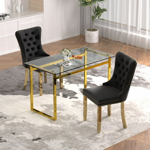 Sumdeal Modern 51" Rectangular Glass Dining Table with 2 Luxurious Velvet Chairs Dining Table Set(3-Piece) Golden Base,Table and 2 Black Chairs Golden Leg