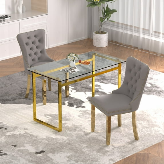 Sumdeal Modern 51" Rectangular Glass Dining Table with 2 Luxurious Velvet Chairs Dining Table Set(3-Piece) Golden Base,Table and 2 Gray Chairs Golden Leg