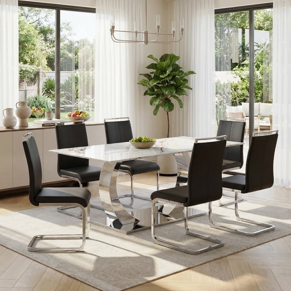 Sumdeal Modern 7-Piece Dining Set, 63" Rectangular Pandora White Tempered Glass Table & 6 Black PU Leather High-Back Silver Leg Chairs, Luxury Kitchen & Dining Room Furniture
