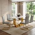 thumbnail image 1 of Sumdeal Modern 7-Piece Dining Table Set, 63" Rectangular Pandora White Tempered Glass Rock Top Table & 6 Light Gray PU Leather Chairs, Golden C-Frame Legs, Luxury Kitchen Furniture, 1 of 8