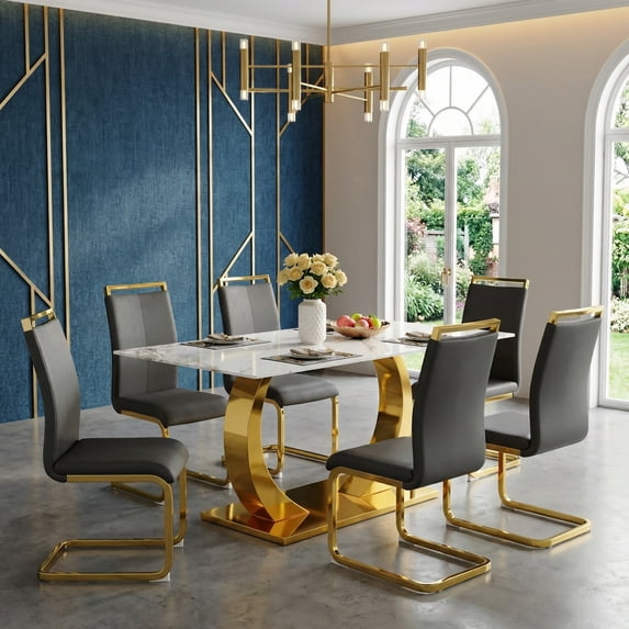 Sumdeal Modern 7-Piece Dining Table Set, 63" Rectangular Pandora White Tempered Glass Table & 6 Dark Gray PU Leather C-Frame Chairs, Gold Legs, Luxury Kitchen Dining Furniture