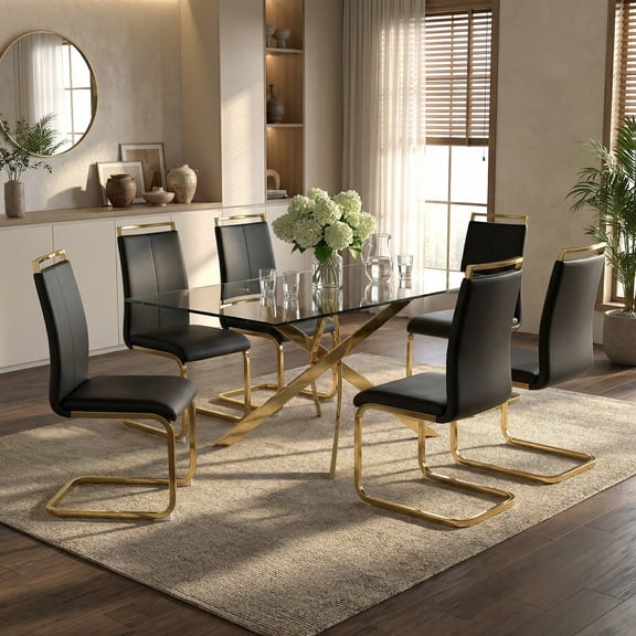 Sumdeal Modern 7-Piece Dining Table Set, 63" Rectangular Tempered Glass Table with 6 Black PU Leather C-Frame Cantilever Chairs, Gold Plated Metal Legs, Luxury Kitchen & Dining Furniture