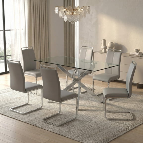 Sumdeal Modern 7-Piece Dining Table Set, 63" Rectangular Tempered Glass Table with 6 Light Gray PU Leather C-Frame Cantilever Chairs, Ghrome Plated Metal Legs, Luxury Kitchen & Dining Furniture