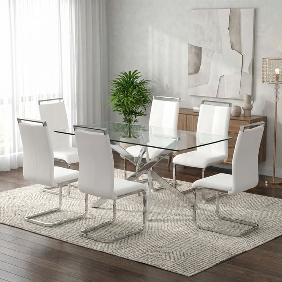 Sumdeal Modern 7-Piece Dining Table Set, 63" Rectangular Tempered Glass Table with 6 White PU Leather C-Frame Cantilever Chairs, Ghrome Plated Metal Legs, Luxury Kitchen & Dining Furniture