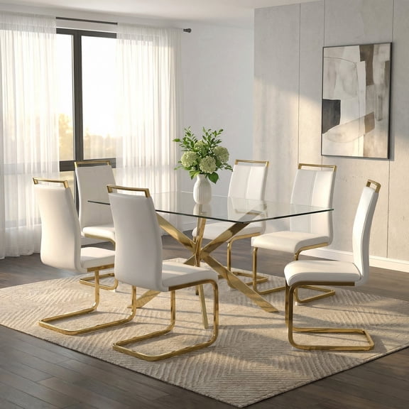 Sumdeal Modern 7-Piece Dining Table Set, 63" Rectangular Tempered Glass Table with 6 White PU Leather C-Frame Cantilever Chairs, Gold Plated Metal Legs, Luxury Kitchen & Dining Furniture