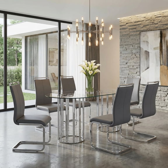 Sumdeal Modern 7-Piece Dining Table Set, 71" Oval Tempered Glass Table with Silver Pedestal Bases & 6 Grey PU Leather High Back C-Frame Chairs, Luxury Kitchen Furniture