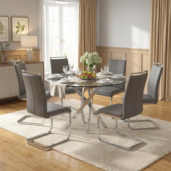 Sumdeal Modern 7-piece Dining Set, 47" Round Tempered Glass Table & 6 Grey PU Leather High-Back Chairs with Chrome Metal Legs, Contemporary Kitchen & Dining Room Furniture