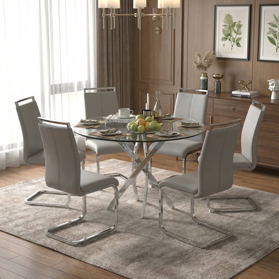 Sumdeal Modern 7-piece Dining Set, 47" Round Tempered Glass Table & 6 Light Gray PU Leather Chrome C-Frame Chairs, Kitchen Dining Room Furniture