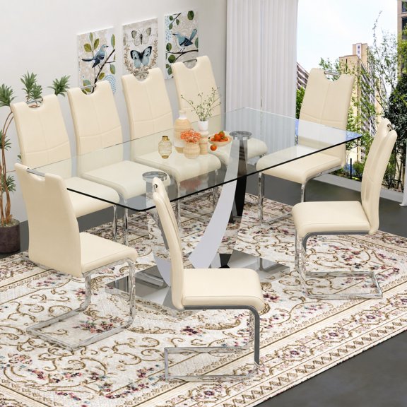 Sumdeal Modern 9-Piece Dining Set, 71-Inch Rectangular Tempered Glass Table with 8 Beige PU Leather Chairs, Silver Legs, Style 1