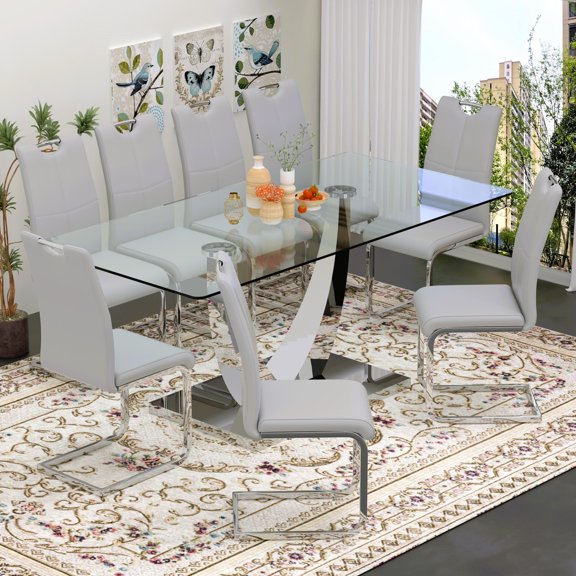 Sumdeal Modern 9-Piece Dining Set, 71-Inch Rectangular Tempered Glass Table with 8 Gray PU Leather Chairs, Silver Legs, Style 1