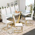 thumbnail image 1 of Sumdeal Modern 9-Piece Dining Set, 71-Inch Rectangular Tempered Glass Table with 8 White PU Leather Chairs, Gold Legs, Style 1, 1 of 9