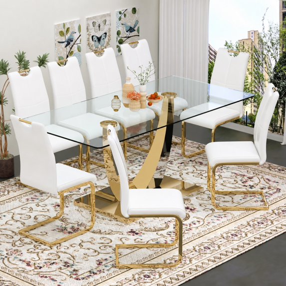 Sumdeal Modern 9-Piece Dining Set, 71-Inch Rectangular Tempered Glass Table with 8 White PU Leather Chairs, Gold Legs, Style 1