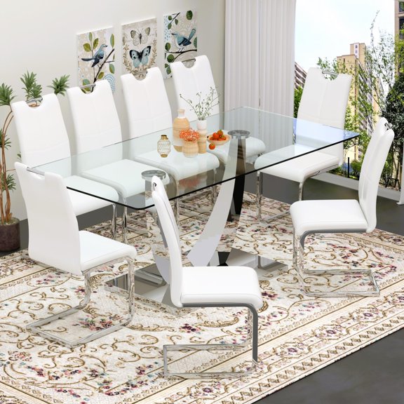 Sumdeal Modern 9-Piece Dining Set, 71-Inch Rectangular Tempered Glass Table with 8 White PU Leather Chairs, Silver Legs, Style 1