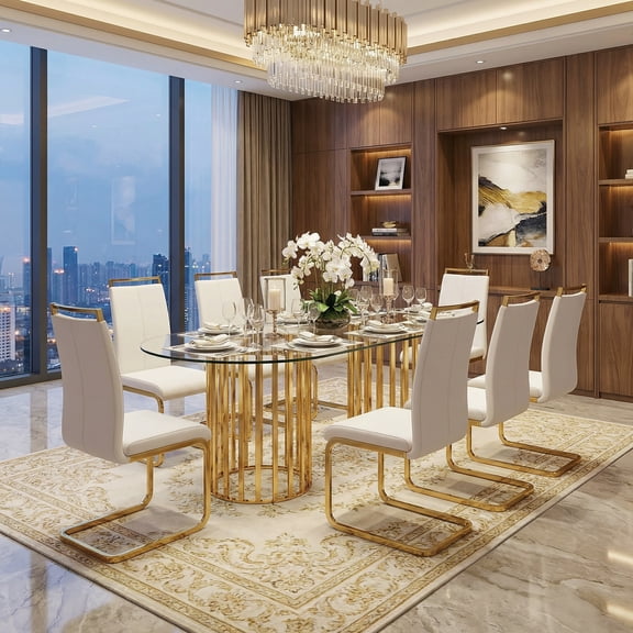 Sumdeal Modern 9-Piece Dining Set, 71" Oval Tempered Glass Table with Gold Double Column Base & 8 White PU Leather High-Back Chairs with Gold C-Frame Legs, Luxury Kitchen Furniture