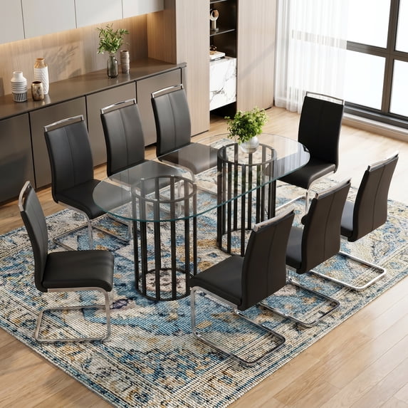 Sumdeal 9-Piece Oval Glass Dining Set, Seats 8, Black Faux Leather Chairs