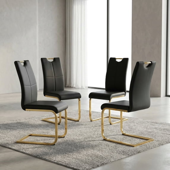 Sumdeal Modern Black Pu Leather Dining Chair Set with Golden C-shaped Metal Legs,Set of 4