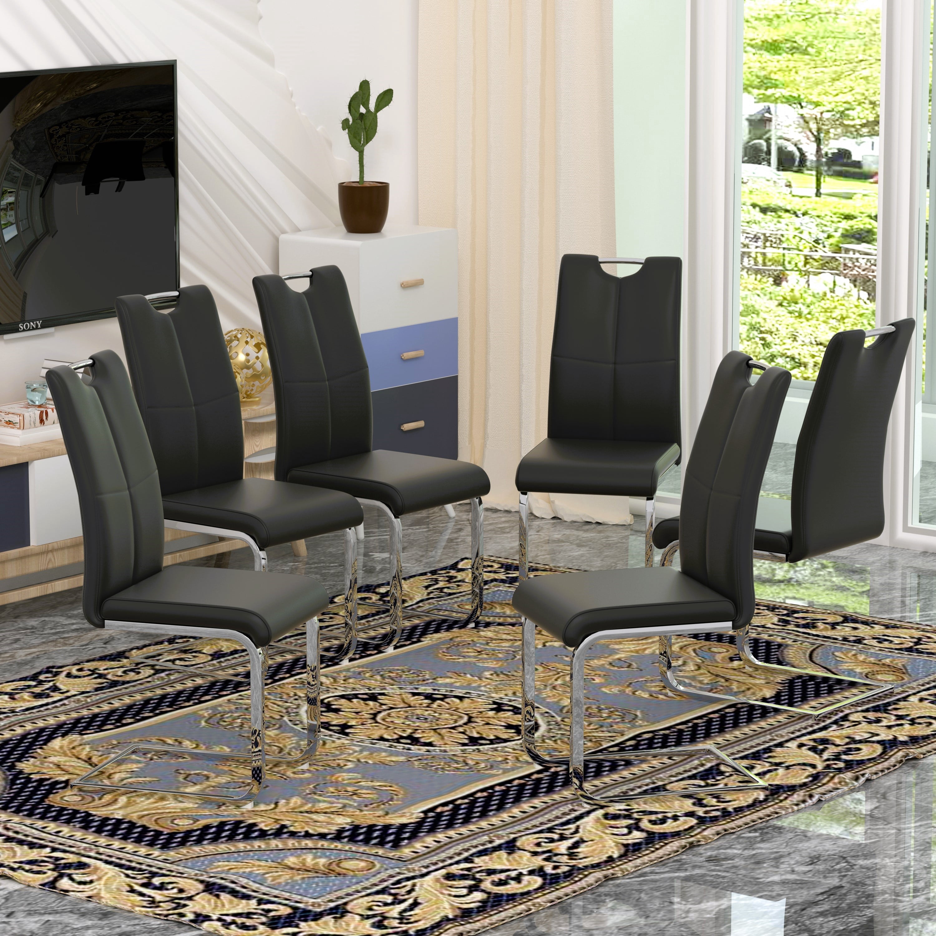 Sumdeal Modern Black Pu Leather Dining Chair Set with Silver C-shaped Metal Legs,Set of 6
