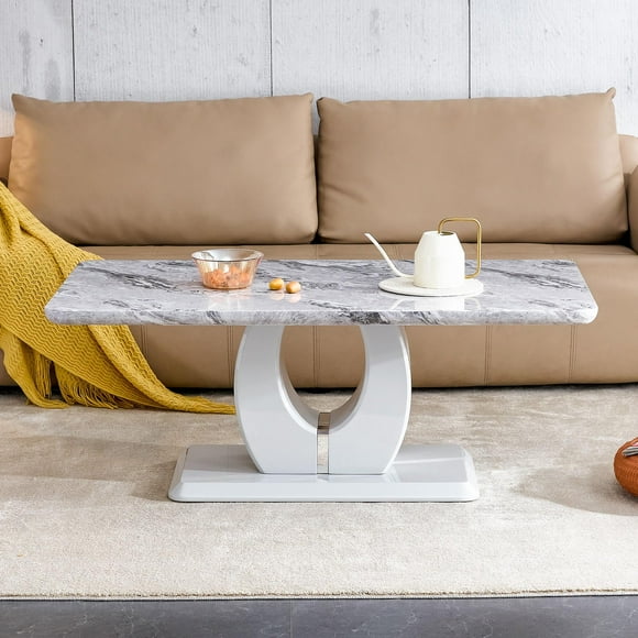 Sumdeal Modern Coffee Table Faux Marble White Desktop Rectangular Center Table Tea Table Accent Furniture for Living Room Simple Assembly 47.24''D x 25.59''W X 18.11''H,Gray
