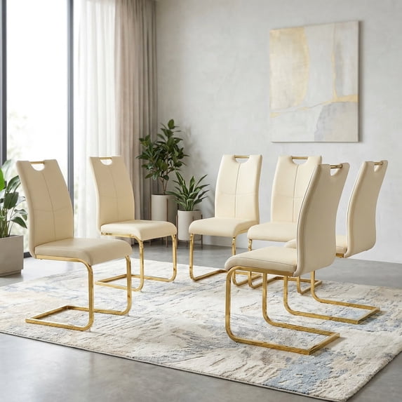 Sumdeal Modern Cream Pu Leather Dining Chair Set with Golden C-shaped Metal Legs,Set of 6