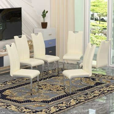 Sumdeal Modern Cream Pu Leather Dining Chair Set with Silver C-shaped Metal Legs,Set of 6