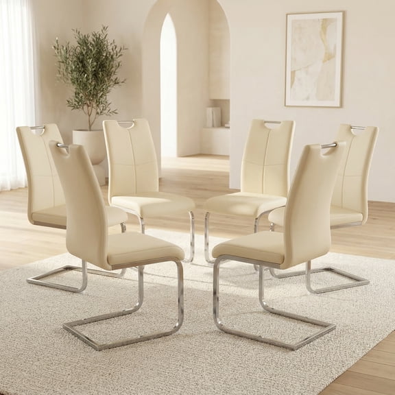 Sumdeal Modern Cream Pu Leather Dining Chair Set with Silver C-shaped Metal Legs,Set of 6