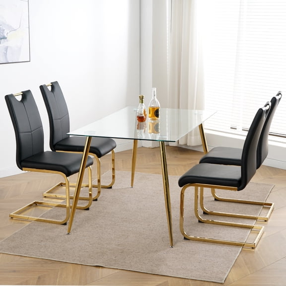 Sumdeal Modern Dining Chairs Set of 4,Modern Dining Chairs with Metal frame leg with High Density Sponge Leather,Dining Chairs for Dining Room,Kitchen,Living Room,Black with Golden leg