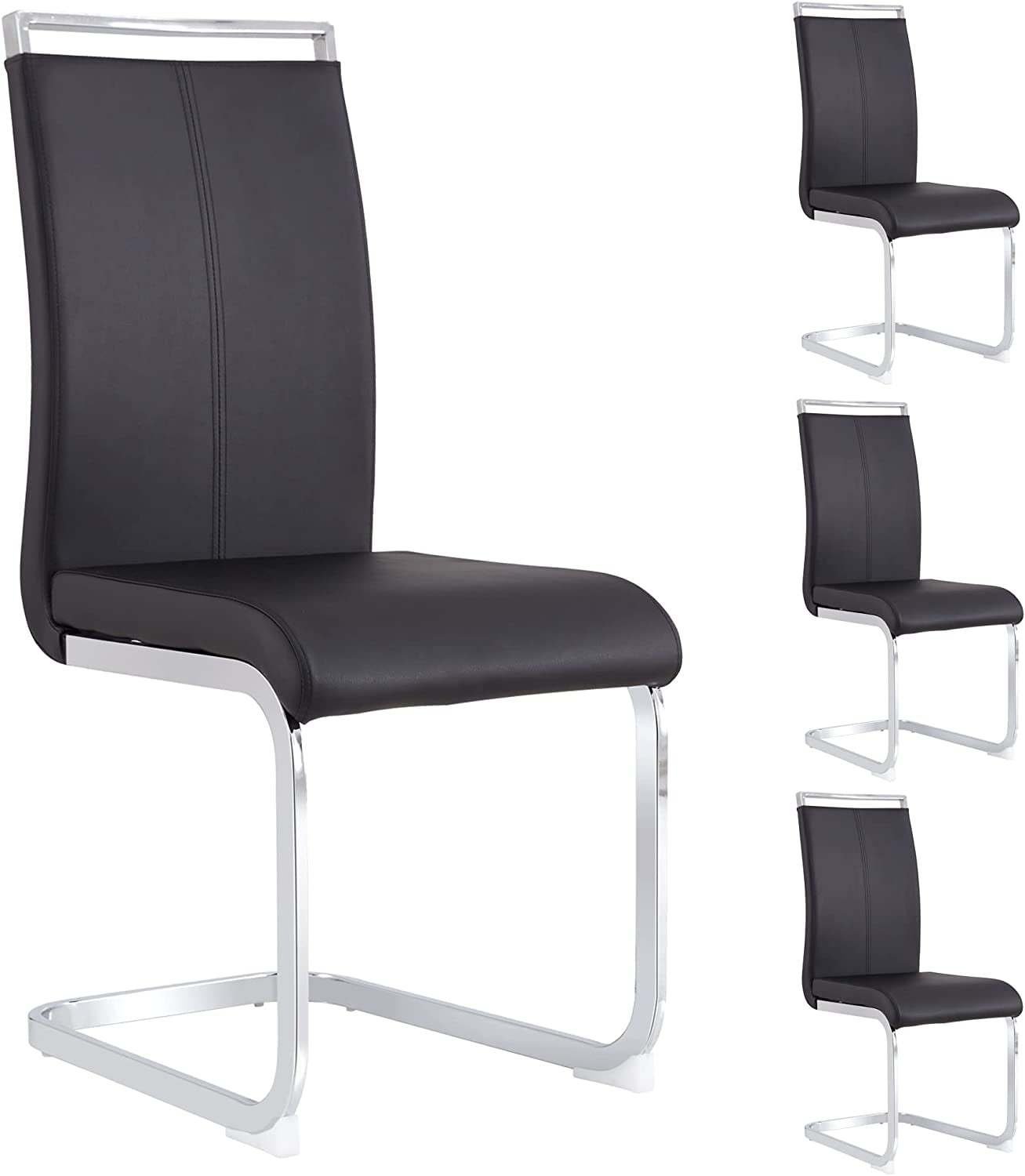 Modern Black Faux Leather High Back Dining Chairs with Metal Frame, Set of 4