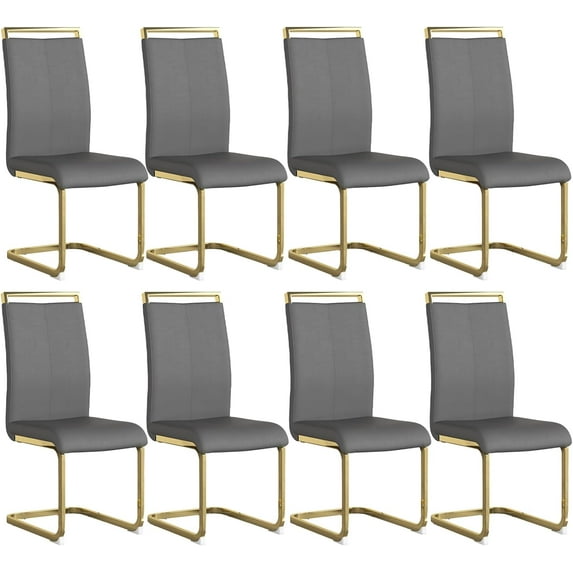 Sumdeal Modern Dining Chairs Set of 8,Modern Dining Chairs with Metal frame leg with High Density Sponge Leather,Dining Chairs for Dining Room,Kitchen,Living Room,Gray+Golden Legs