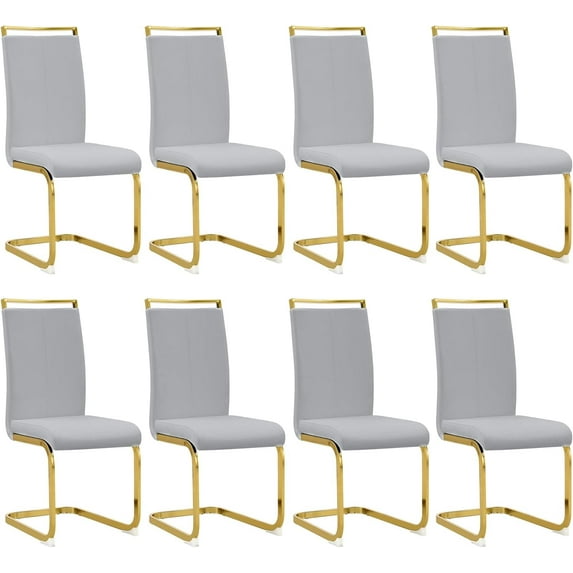 Sumdeal Modern Dining Chairs Set of 8,Modern Dining Chairs with Metal frame leg with High Density Sponge Leather,Dining Chairs for Dining Room,Kitchen,Living Room,Light Gray+Golden Legs