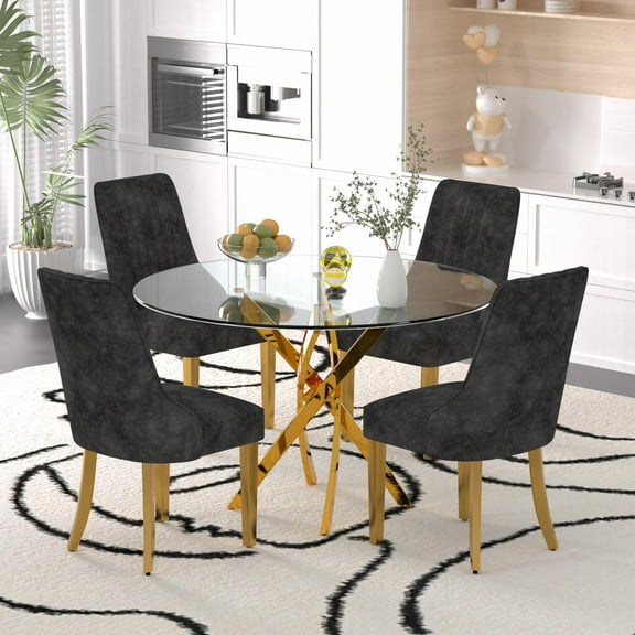 Sumdeal Modern Elegance Glass Dining Table Room Set: Tempered Glass Table with 4 Luxurious Chenille Dining Chairs