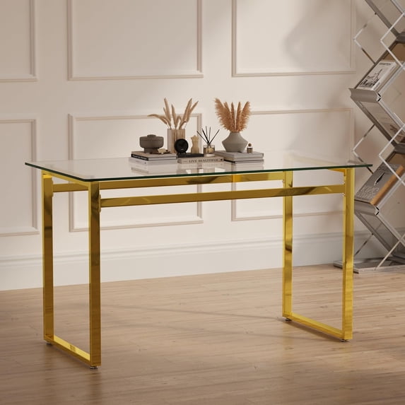 Sumdeal Modern Glass Dining Table for 4-6 People | Rectangle Glass Dining Table for 4 | Kitchen Glass Dining Table with Golden Metal Legs