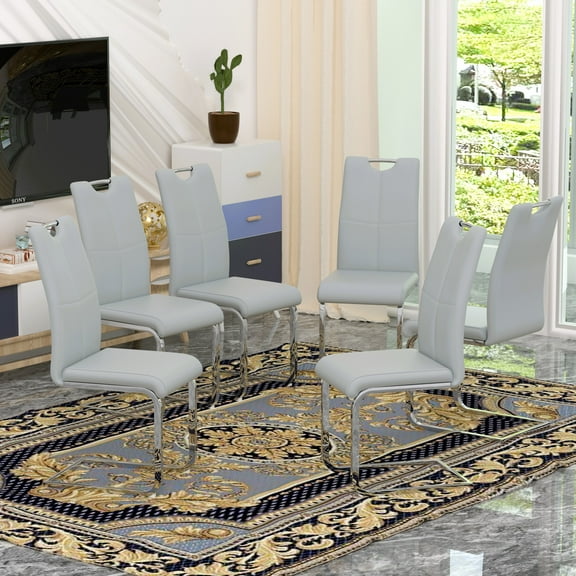 Sumdeal Modern Light Gray Pu Leather Dining Chair Set with Silver C-shaped Metal Legs,Set of 6