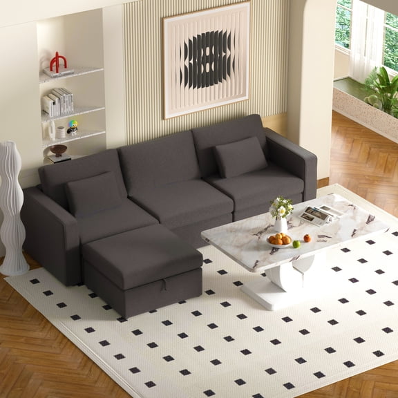 Sumdeal Modern Luxury Living Room Set,47" Imitation Marble Coffee Table with 5 pieces of Velvet Sectional Sofa Set,White Coffee Table and Gray Sofa Set