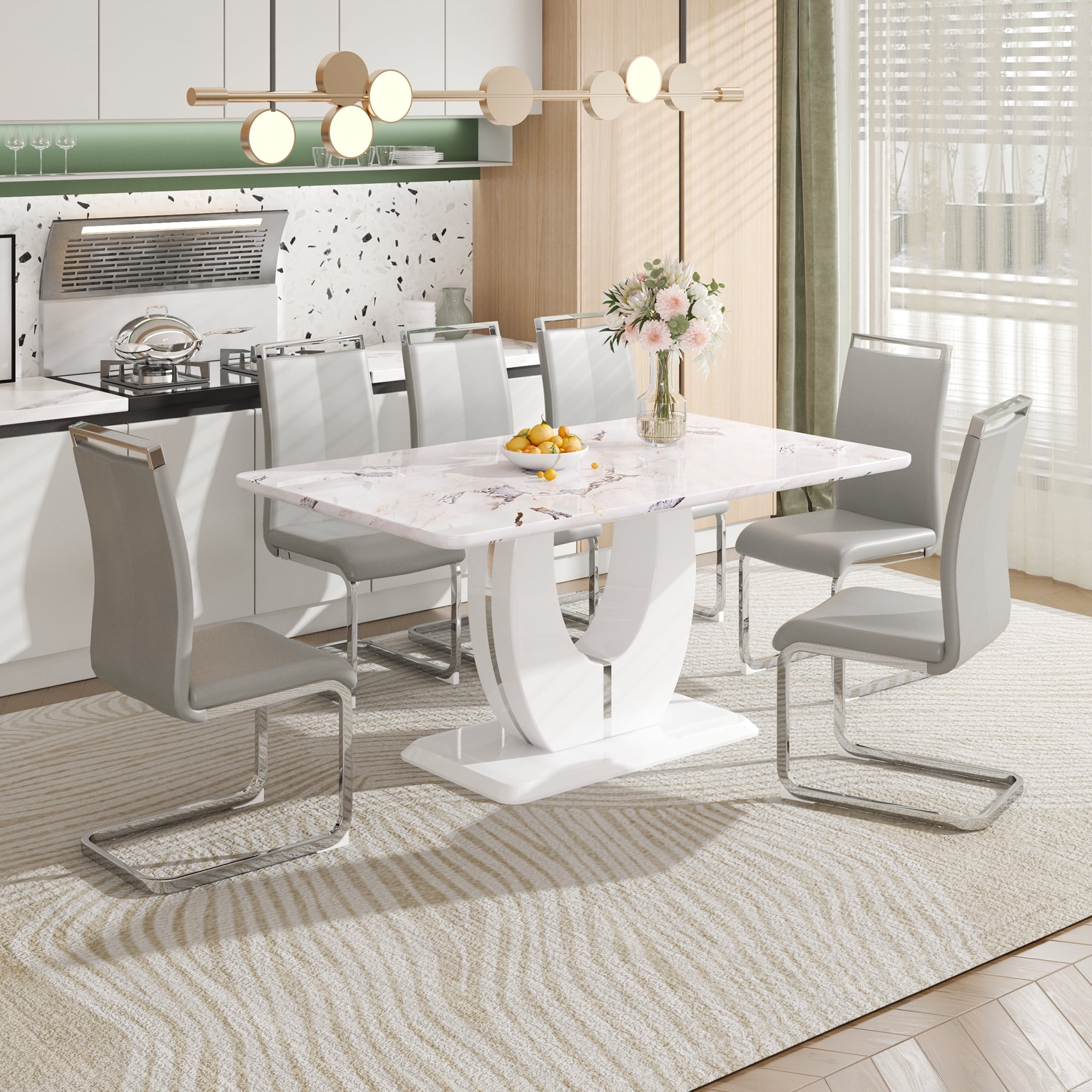 Sumdeal 7-Piece Modern Marble Dining Set, Indoor Rectangle Table for 6 ...