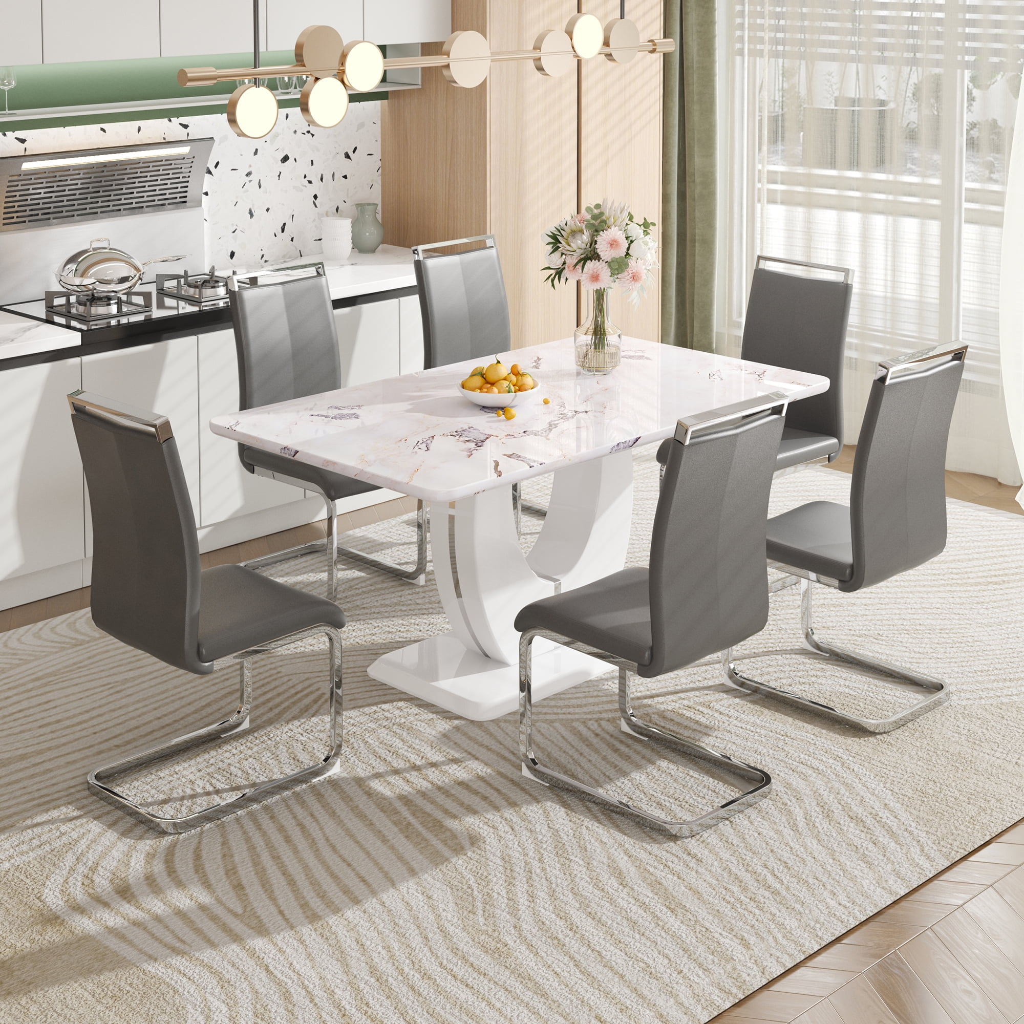Sumdeal Modern Marble Dining Table Set for 6 7 Piece 63inch White Faux Marble Table and High Back Upholstered Chairs Set 6 for Kitchen Living Room