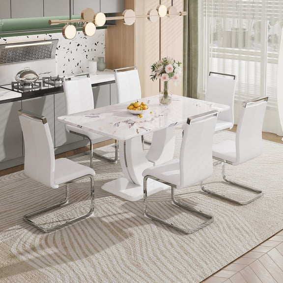Sumdeal 7-Piece Pedestal Marble Dining Table Set for 6, White Faux Marble 63inch Table with High Back Upholstered Chairs