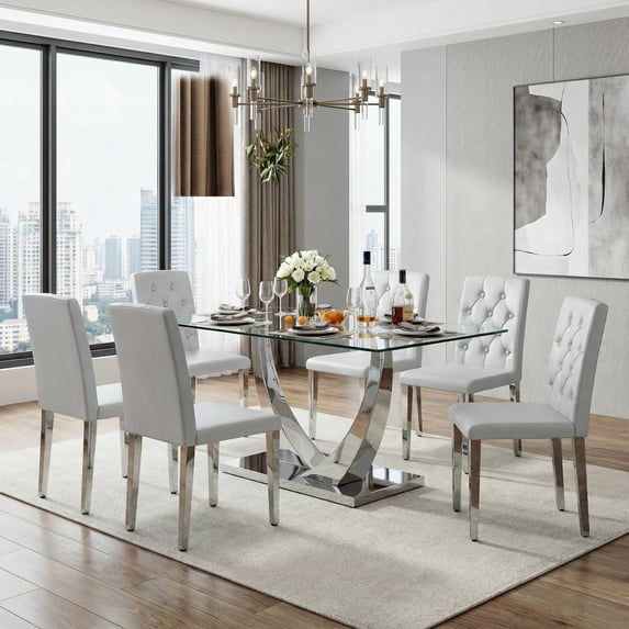 Sumdeal Modern Minimalist Dining Table and Chair Set: 6-8 Person Tempered Glass Dining Table and 4/6 Buckle-Back PU Chairs, Complete Kitchen/Dining Room Furniture for Home and Office